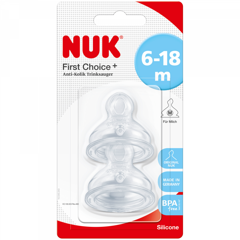 NUK Primeras Veces + Flow Control - Pack de 2 tetinas para biberones (6 a 18 meses, válvula anticólicos, sin BPA)