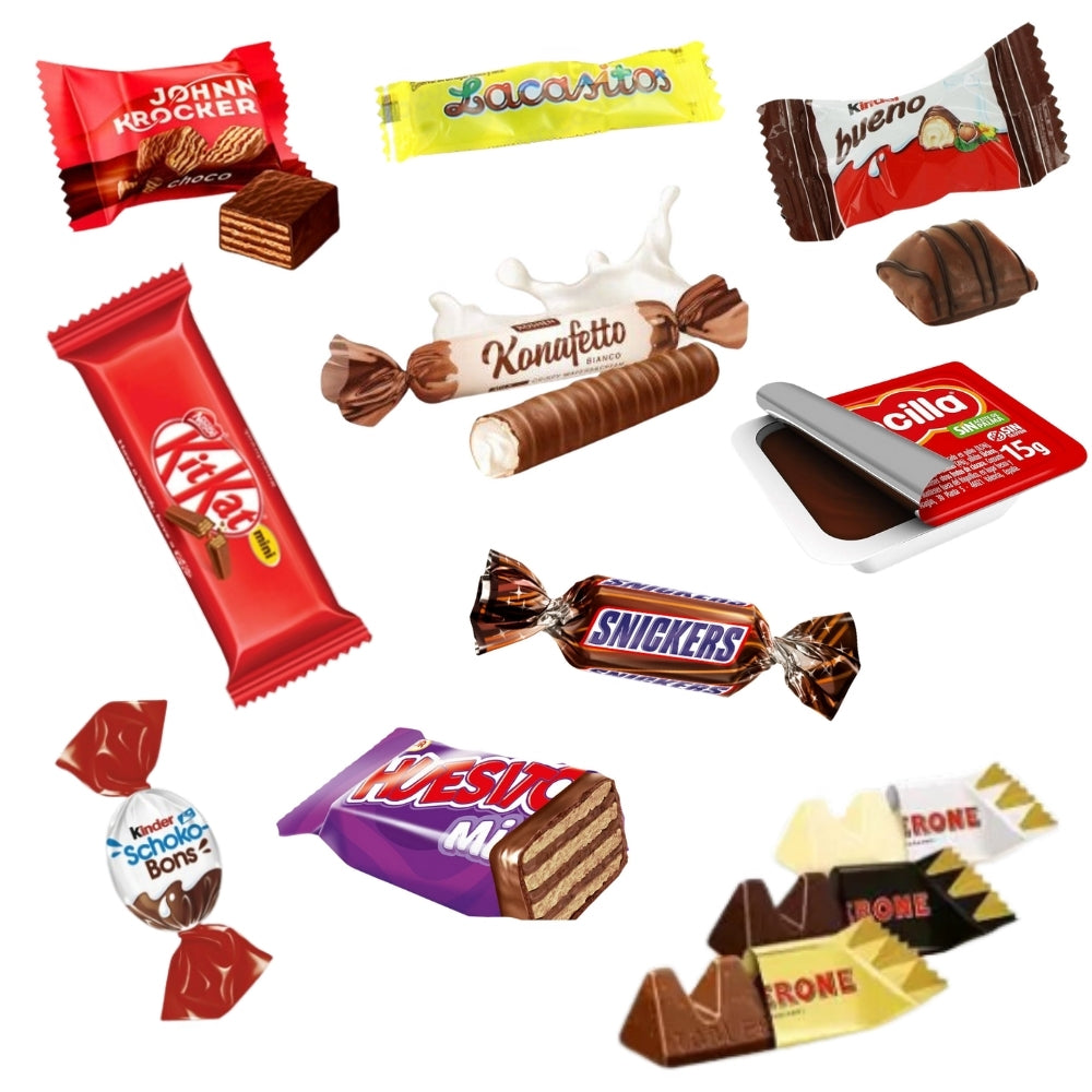 Surtido Mini Chocolates de 100 Unidades | Regalo Ideal para Aficionados al Chocolate | Kit Kat, Kinder, Toblerone, Lacasitos, Mars, Huesitos, Nocilla, Roshen