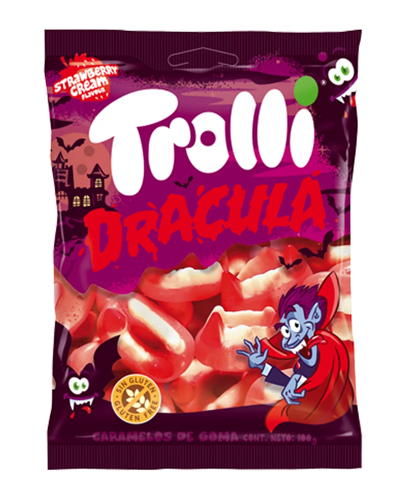 Colmillos Drácula Trolli Bolsitas Individuales | Contine 12 Bolsas de 100g - Chuches Halloween