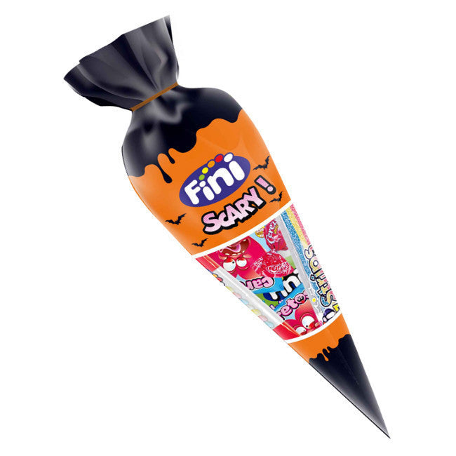 Fini Cono Halloween | Surtido De Dulces con Gominolas, Piruletas, Espumas y Caramelos Duro Rellenos de Chicles (10 Unidades)