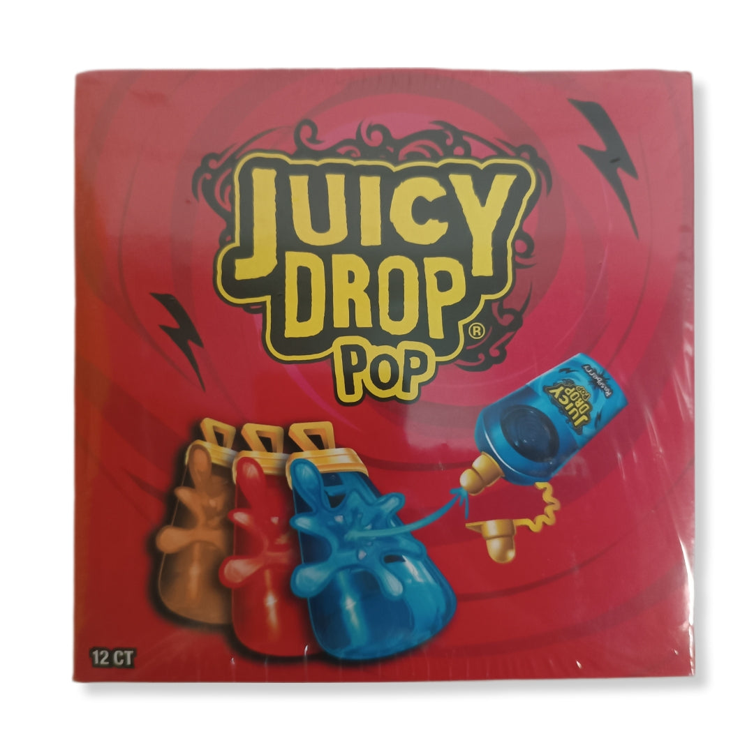 Caramelo Duro Y Caramelo Líquido Ácido Juicy Drop Pop | Formato Caja 12 Unidades (Fresa, Frambuesa y Cola)