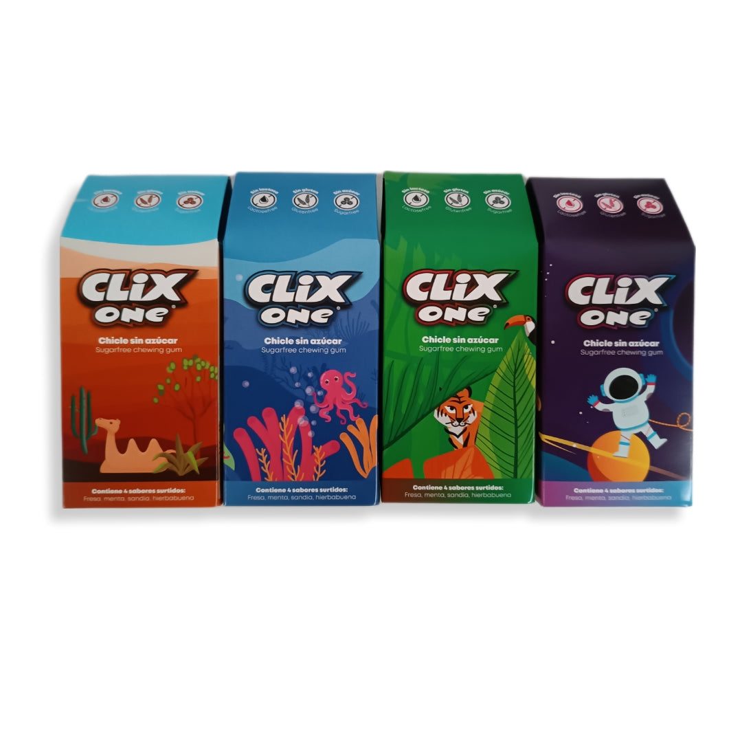 Clix Chicles PACK 4 CAJAS TEMÁTICAS | 4 Sabores Surtidos Sin Azúcar 100g